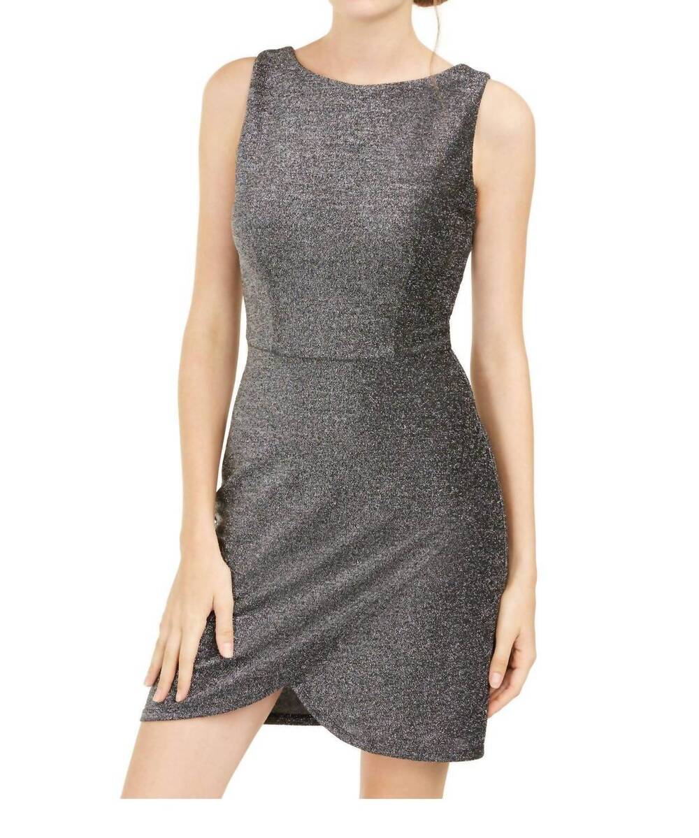 NEW B. DARLIN junior sheath tulip hem shimmer knit mini dress in silver